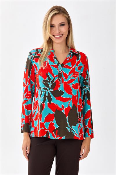Önü Düğmeli Uzun Kol Desenli Bluz 256-3006