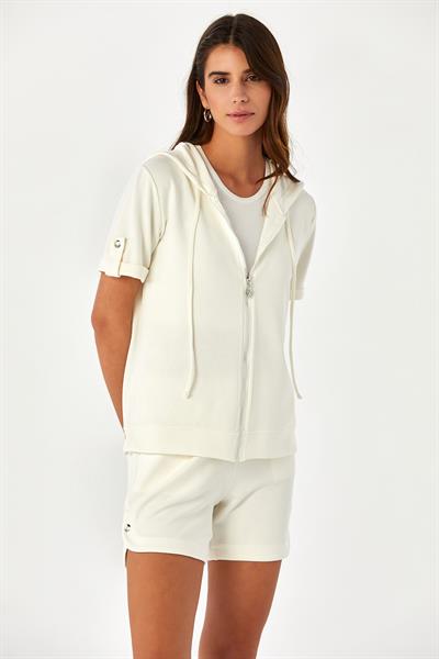 Önü Fermuarlı Kapüşonlu Kısa Kol Cepli S-Shirt 024-2108