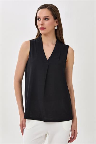 Önü Pileli V Yaka Kolsuz Bluz 025-1035