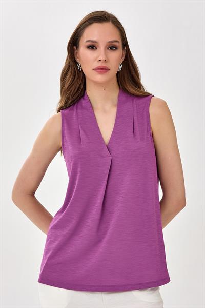 Önü Pileli V Yaka Kolsuz Bluz 025-1035