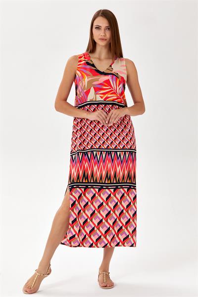 V Yaka Kolsuz Desenli Elbise 024-4004