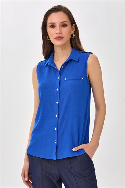 Polo Yaka Önü Çıtçıtlı Apoletli Bluz 025-1026