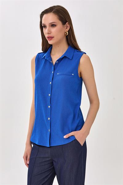 Polo Yaka Önü Çıtçıtlı Apoletli Bluz 025-1026