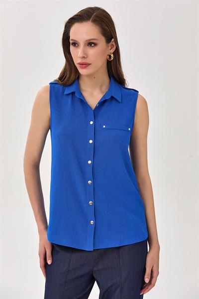 Polo Yaka Önü Çıtçıtlı Apoletli Bluz 025-1026