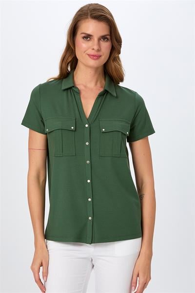 Polo Yaka Önü Çıtçıtlı Cep Detaylı Bluz 026-1018