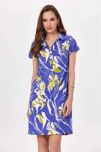 Polo Yaka Önü Çıtçıtlı Desenli Elbise 025-4028