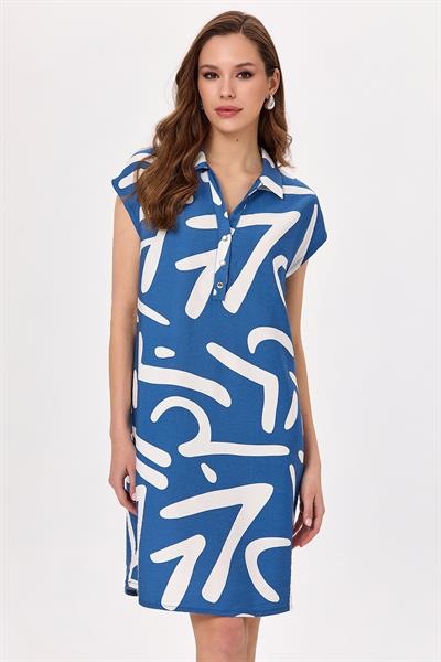 Polo Yaka Önü Çıtçıtlı Desenli Elbise 025-4033