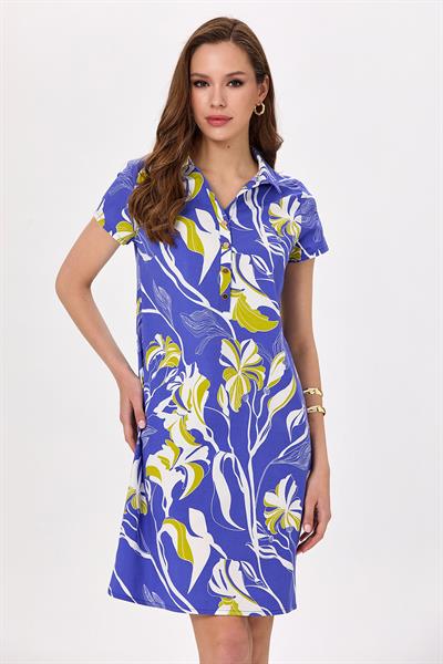 Polo Yaka Önü Çıtçıtlı Desenli Elbise 025-4028