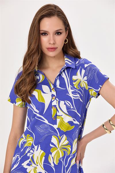 Polo Yaka Önü Çıtçıtlı Desenli Elbise 025-4028