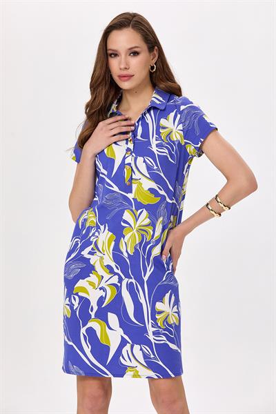 Polo Yaka Önü Çıtçıtlı Desenli Elbise 025-4028