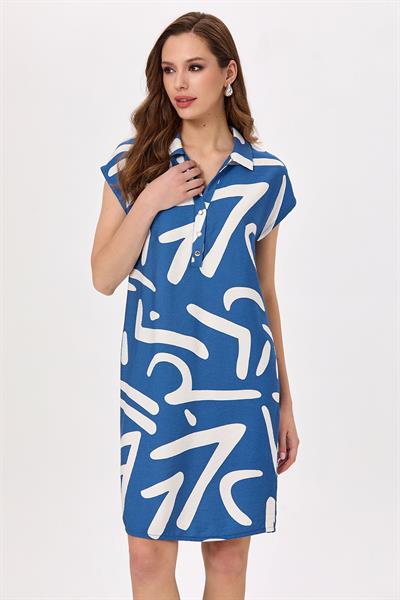 Polo Yaka Önü Çıtçıtlı Desenli Elbise 025-4033