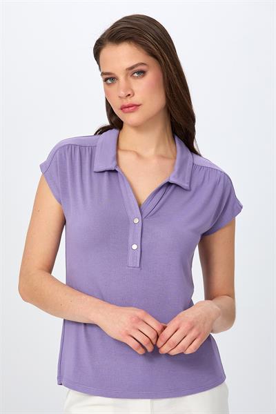 Polo Yaka Önü Çıtçıtlı Düşük Kol Bluz 026-1003