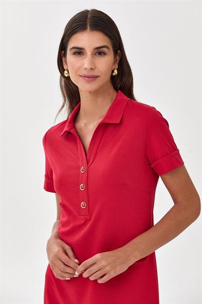 Polo Yaka Önü Düğmeli Kısa Kol Elbise 025-2513