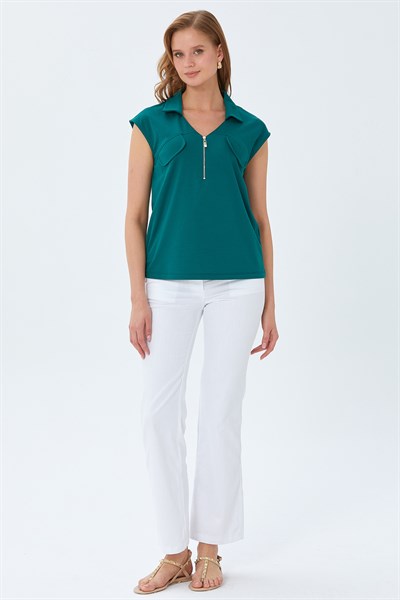 Polo Yaka Önü Fermuar Detaylı Bluz 026-1021