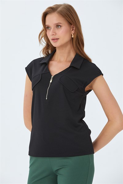 Polo Yaka Önü Fermuar Detaylı Bluz 026-1021