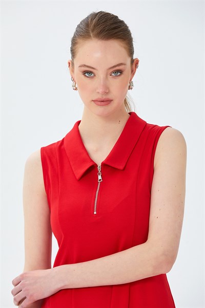 Polo Yaka Önü Fermuarlı Kolsuz Elbise 026-2511