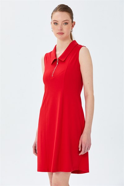 Polo Yaka Önü Fermuarlı Kolsuz Elbise 026-2511