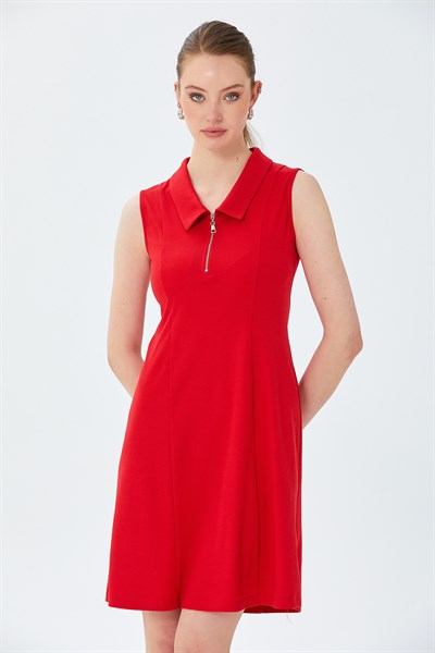 Polo Yaka Önü Fermuarlı Kolsuz Elbise 026-2511