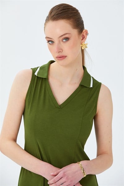 Polo Yaka Triko Bant Detaylı Elbise 026-2513