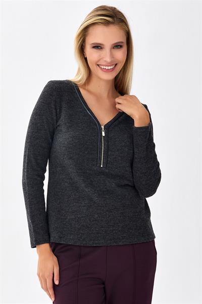 V Yaka Deri Biye Detaylı Triko Bluz 256-1711