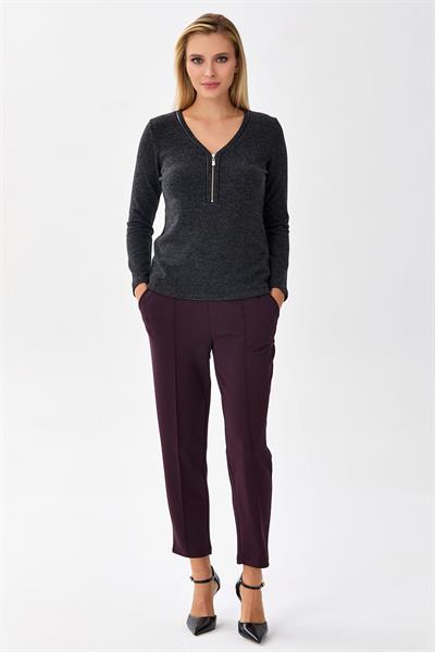 V Yaka Deri Biye Detaylı Triko Bluz 256-1711