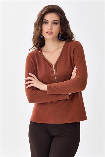 V Yaka Deri Biye Detaylı Triko Bluz 256-1711