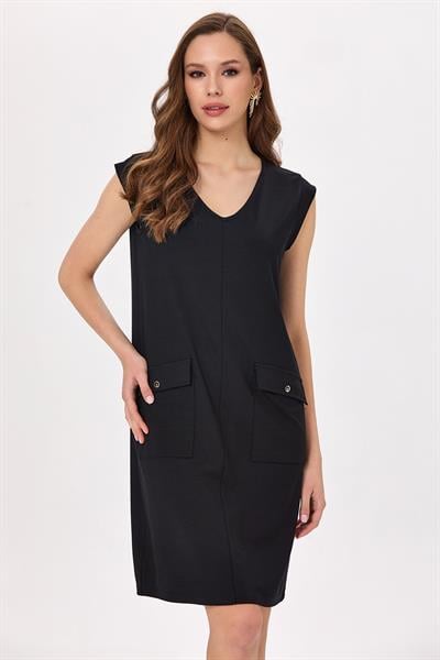 V Yaka Cep Detaylı Elbise 025-2501