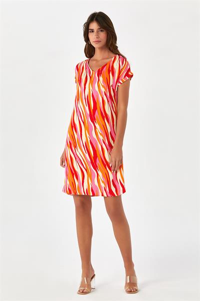 V Yaka Düşük Kol Desenli Elbise 024-4005