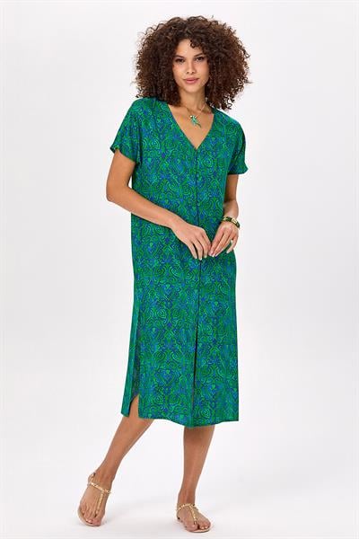 V Yaka Düşük Kol Önü Düğmeli Desenli Elbise 025-4003