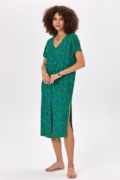 V Yaka Düşük Kol Önü Düğmeli Desenli Elbise 025-4003