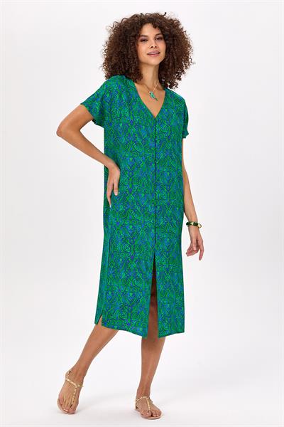 V Yaka Düşük Kol Önü Düğmeli Desenli Elbise 025-4003