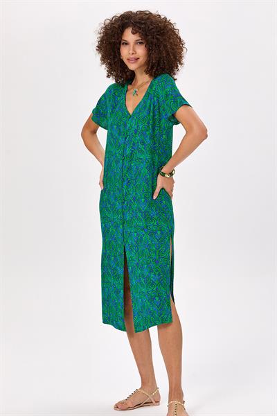 V Yaka Düşük Kol Önü Düğmeli Desenli Elbise 025-4003