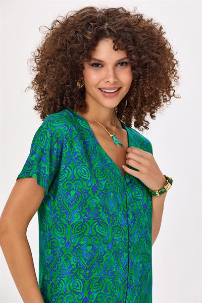 V Yaka Düşük Kol Önü Düğmeli Desenli Elbise 025-4003