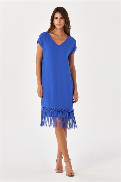 V Yaka Eteği Püslüllü Düşük Kol Elbise 024-4046