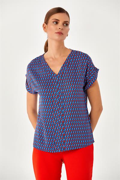 V Yaka Kısa Kol Desenli Bluz 024-3009