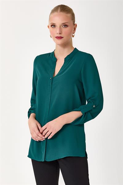 V Yaka Kolları Apoletli Yırtmaçlı Bluz 245-3016