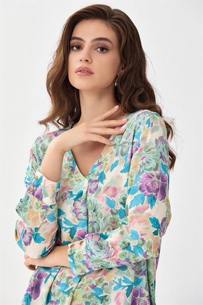 V Yaka Kolları Çıtçıtlı Bluz 256-3011