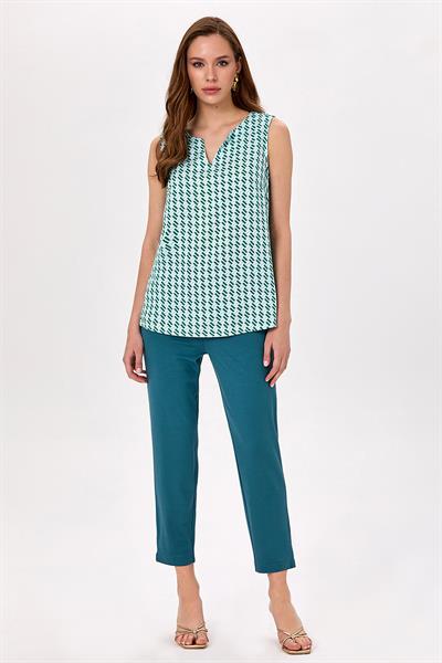 V Yaka Kolsuz Desenli Bluz 025-3004