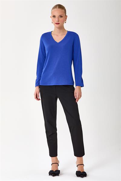 V Yaka Kolu Düğme Detaylı Bluz 245-1007