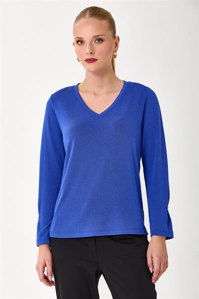 V Yaka Kolu Düğme Detaylı Bluz 245-1007
