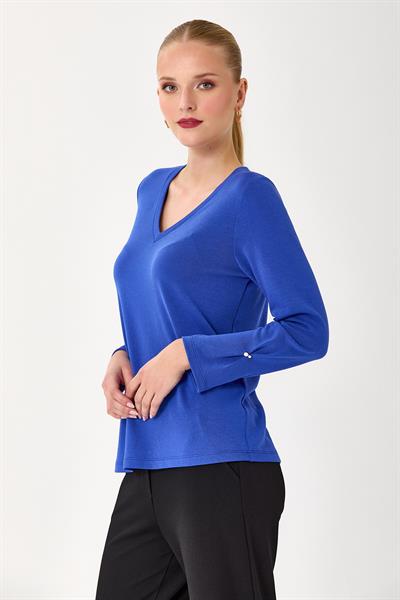 V Yaka Kolu Düğme Detaylı Bluz 245-1007