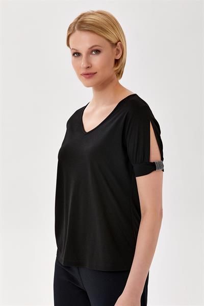V Yaka Kolu Zincir Detaylı Bluz 024-1003