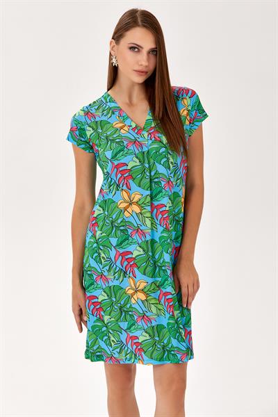 V Yaka Mini Kol Desenli Elbise 024-2505