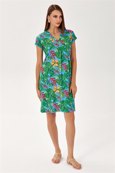 V Yaka Mini Kol Desenli Elbise 024-2505