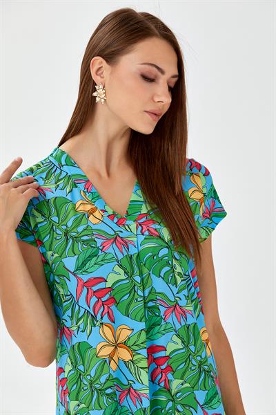 V Yaka Mini Kol Desenli Elbise 024-2505