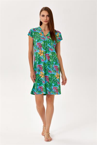 V Yaka Mini Kol Desenli Elbise 024-2505