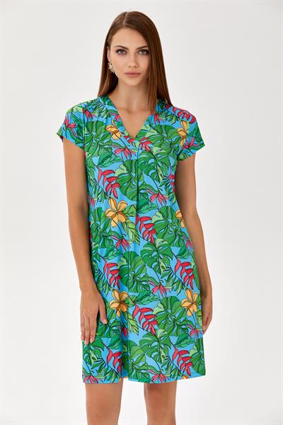 V Yaka Mini Kol Desenli Elbise 024-2505