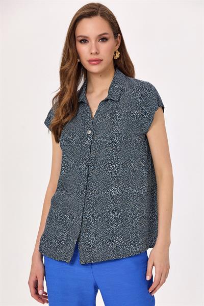 Gömlek Yaka Mini Kollu Desenli Bluz 025-3008