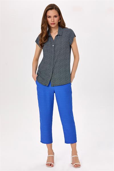Gömlek Yaka Mini Kollu Desenli Bluz 025-3008