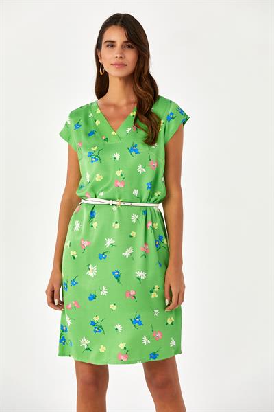 V Yaka Mini Kollu Desenli Elbise 024-4056